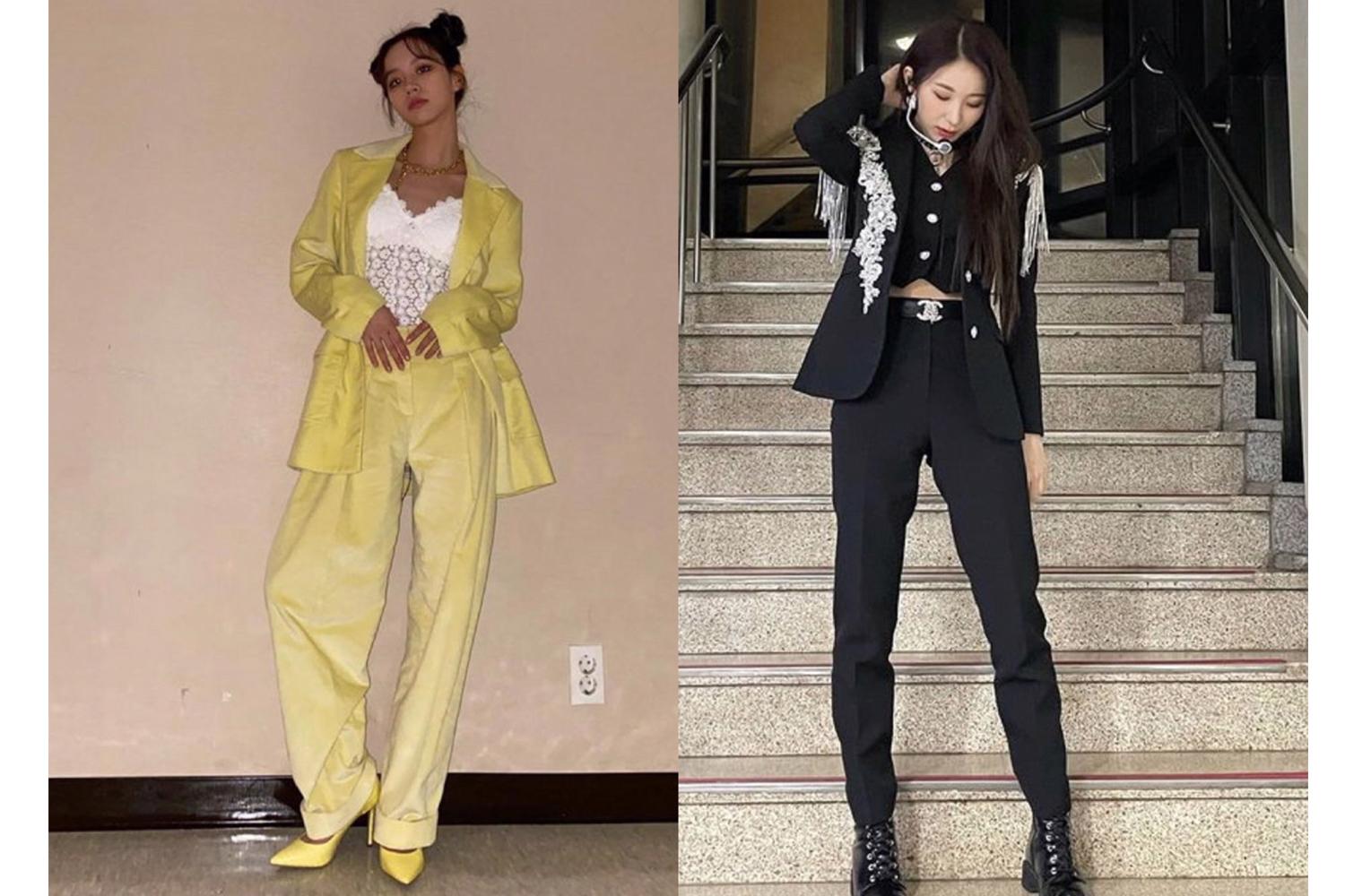 對比造型:左側穿著亮黃色套裝,右側為黑色吊結裝飾套裝,展現多樣風格搭配效果。