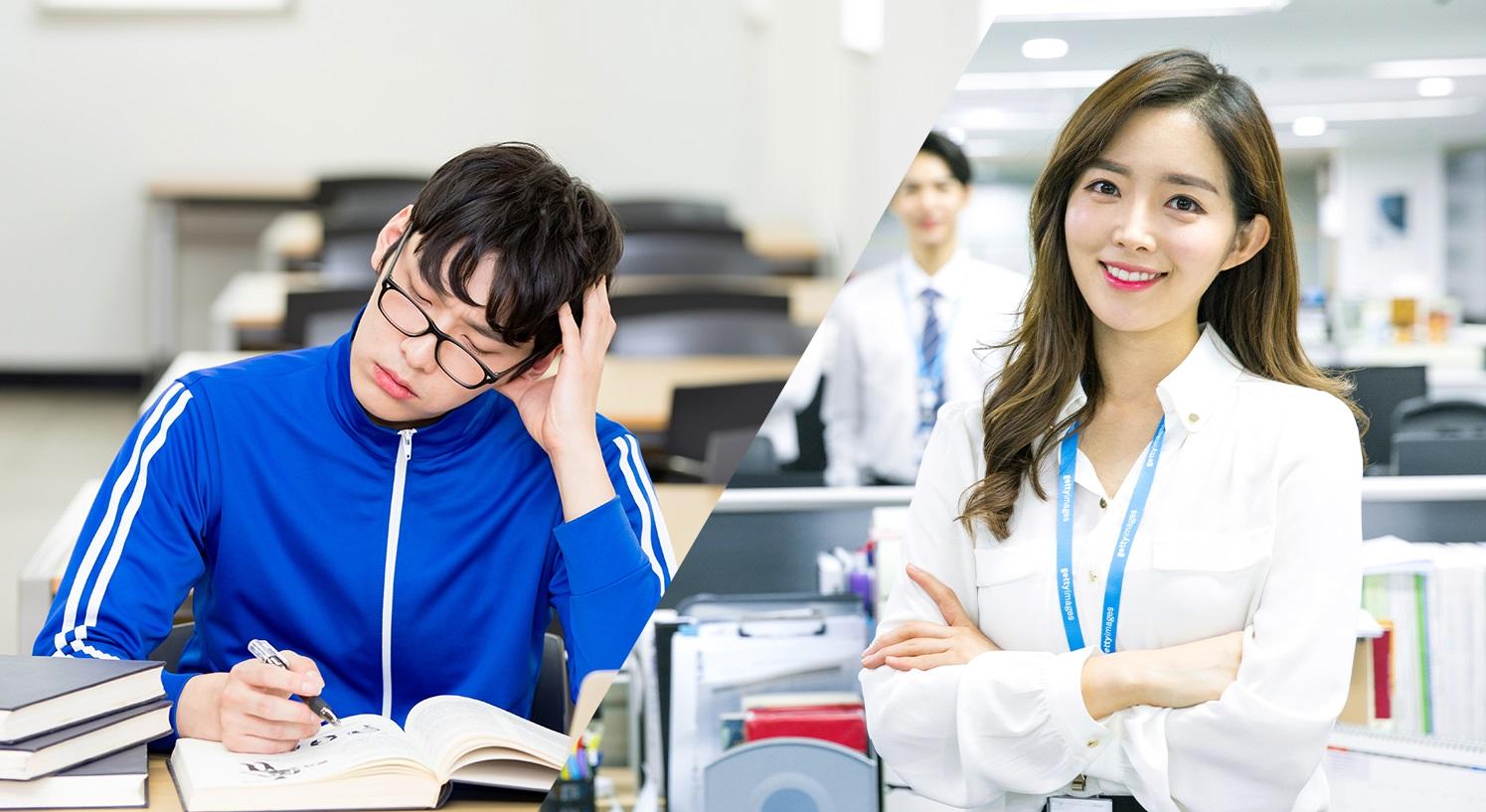 ภาพที่แสดงกระบวนการศึกษาหางานทำในเกาหลี, เด็กผู้ชายคนหนึ่งในชุดกีฬาและผู้หญิงคนหนึ่งในชุดทางการในออฟฟิศ