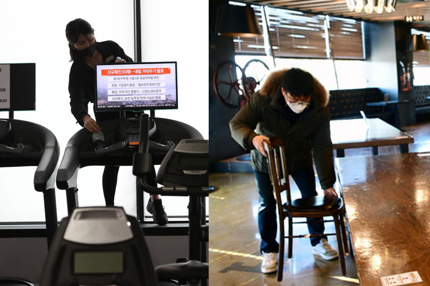 ภาพในยิมที่มีอุปกรณ์ออกกำลังกาย ผู้หญิงกำลังทำความสะอาดเครื่องวิ่งออกกำลังกายภายในฟิตเนส โดยมีหน้าจอแสดงข้อมูลสถานการณ์ที่เกี่ยวข้อง