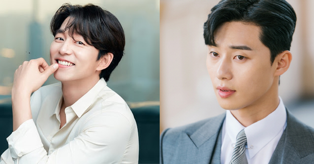 著名男性韓國演員的合影，以理想型比拼為主題，其中一人穿著白色襯衫，另一人穿著灰色西裝。