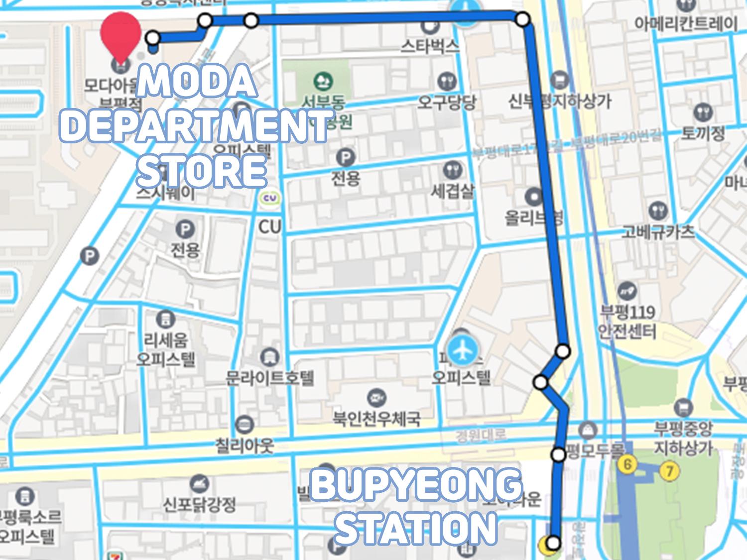creatrip directions of how to get to moda department store from bupyeong station