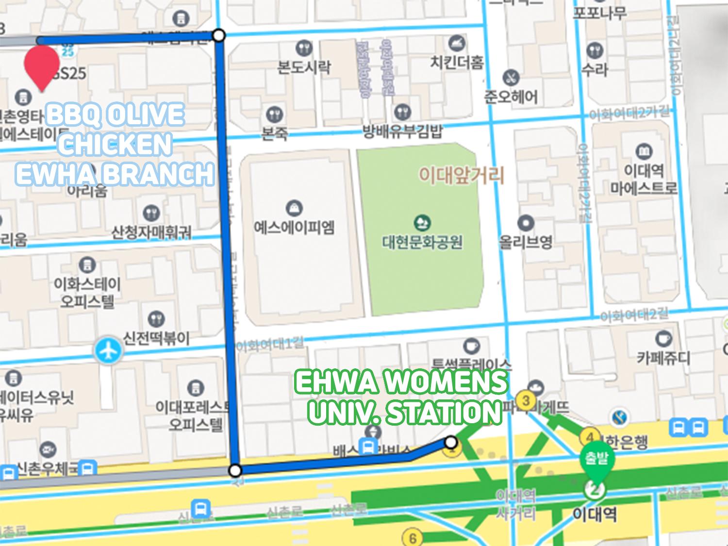 Plan d'accès au restaurant barbecue BBQ Olive Chicken, lieu marquant pour l'équipe nord-coréenne dans Crash Landing On You, situé près de l'université des femmes Ewha, parfait pour les amateurs de poulet et de drames.