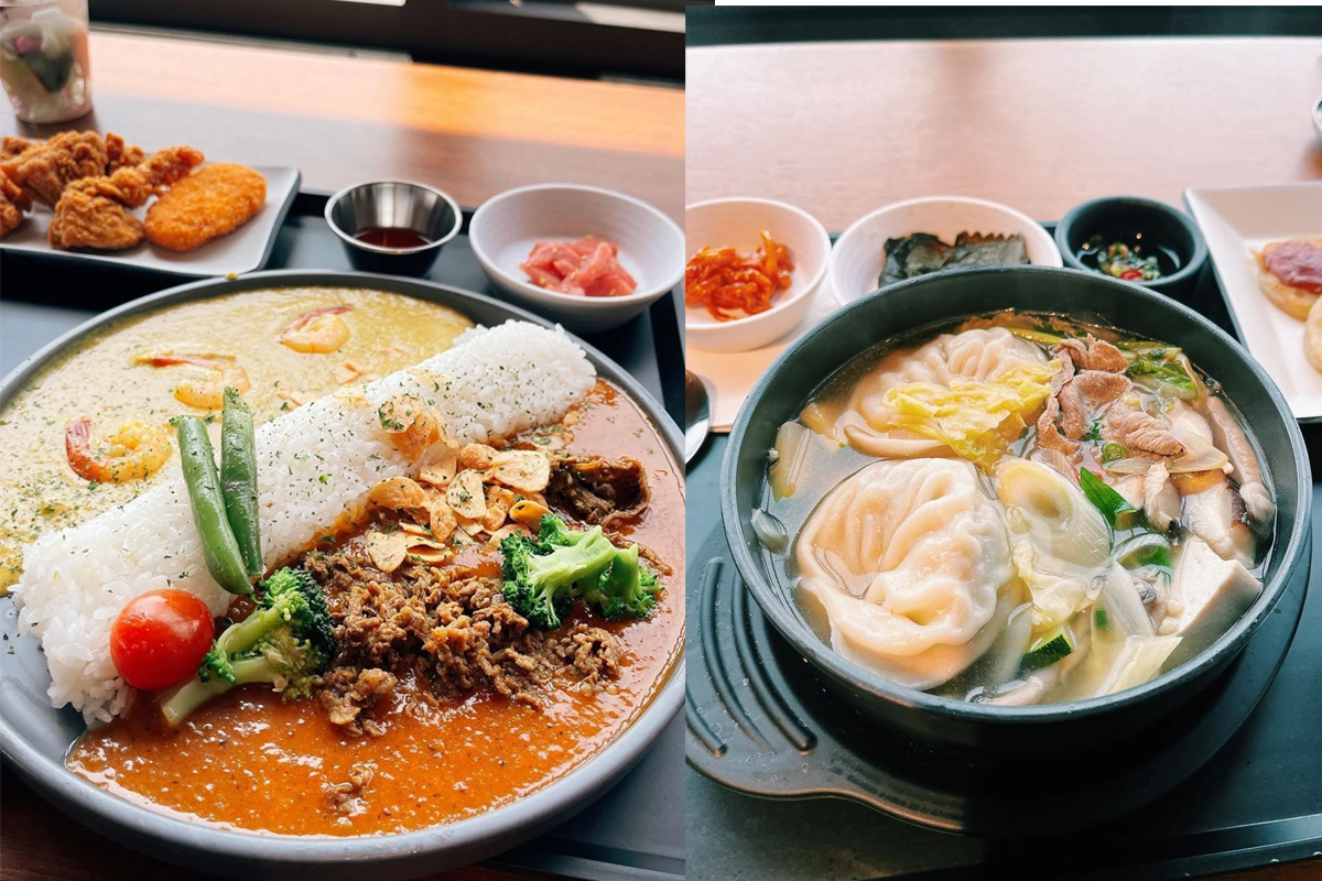 HYBEの社員食堂での豪華なメニューの一例。ビビンバ、韓国式スープ、そして様々な付け合わせ。