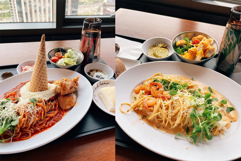 HYBE員工餐廳的豐盛餐點，包括韓國料理和異國美食