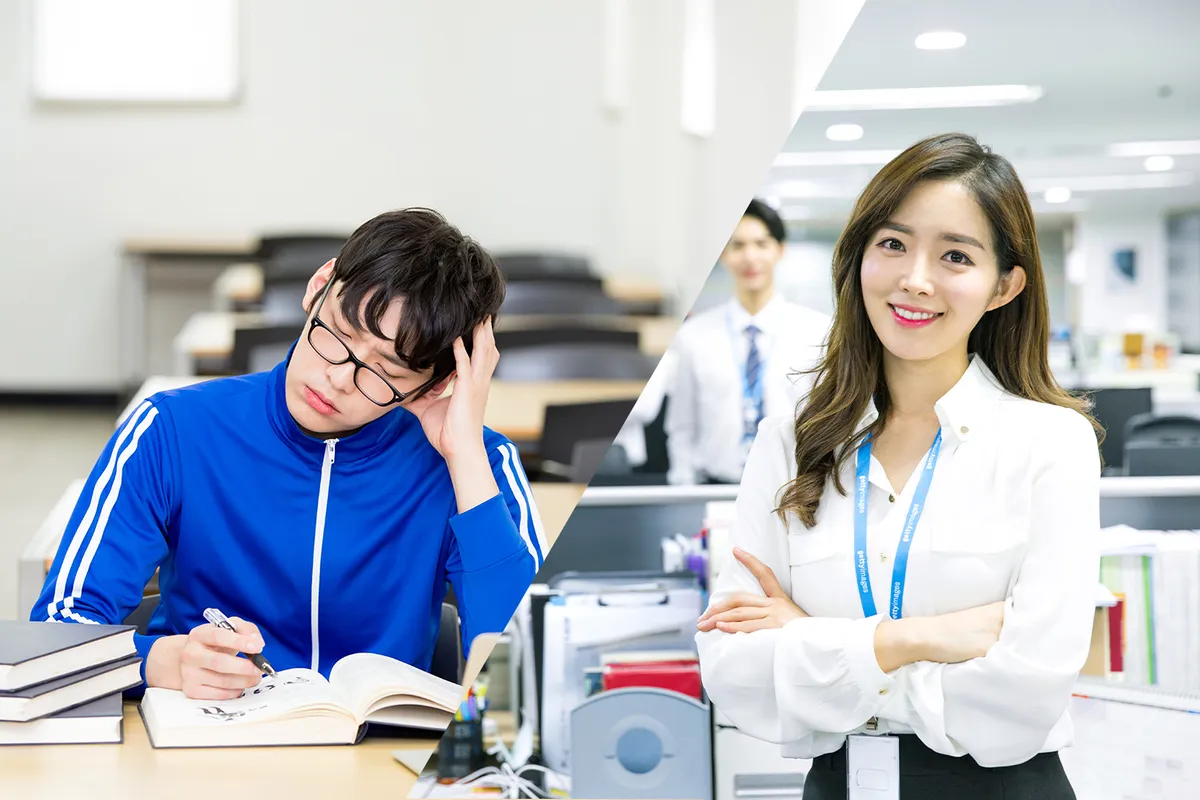 ภาพชายหนุ่มและหญิงสาวในที่ทำงานและในห้องเรียน กำลังครุ่นคิดและวางแผนอนาคต