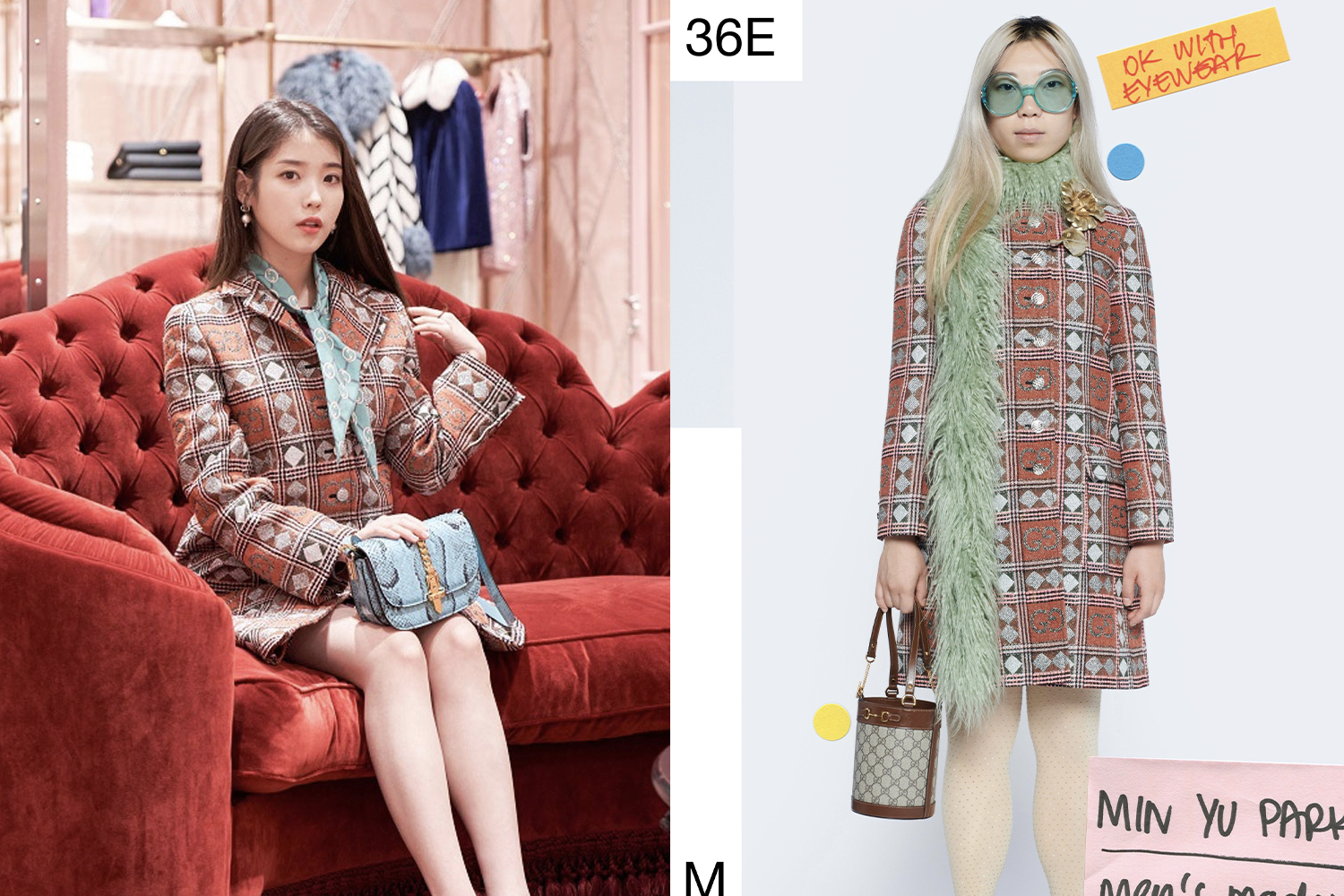 韓國人氣女藝人穿著GUCCI品牌的薄荷色和橙色混搭套裝，坐在紅色沙發上，展現出可愛的氣息。相較下，模特穿同款服裝，搭配薄荷色圍巾，展現時尚感。