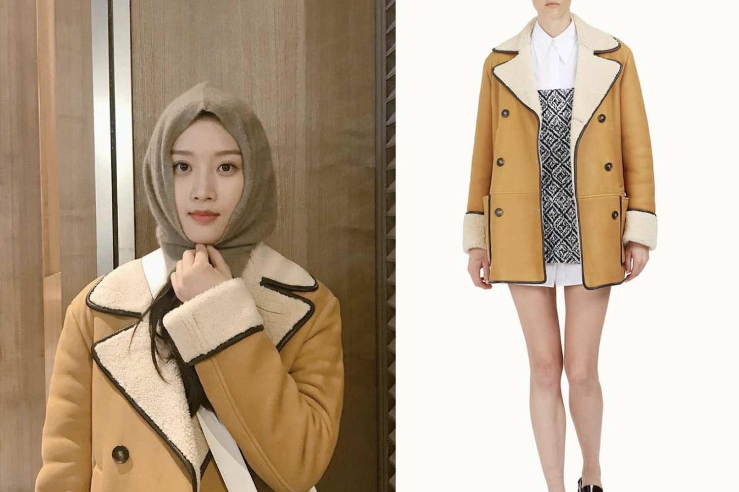 韓國女演員身穿Tod's的毛皮外套，展現簡約又可愛的風格。旁邊模特展示同款大衣，搭配迷你禮服，演繹復古潮流。