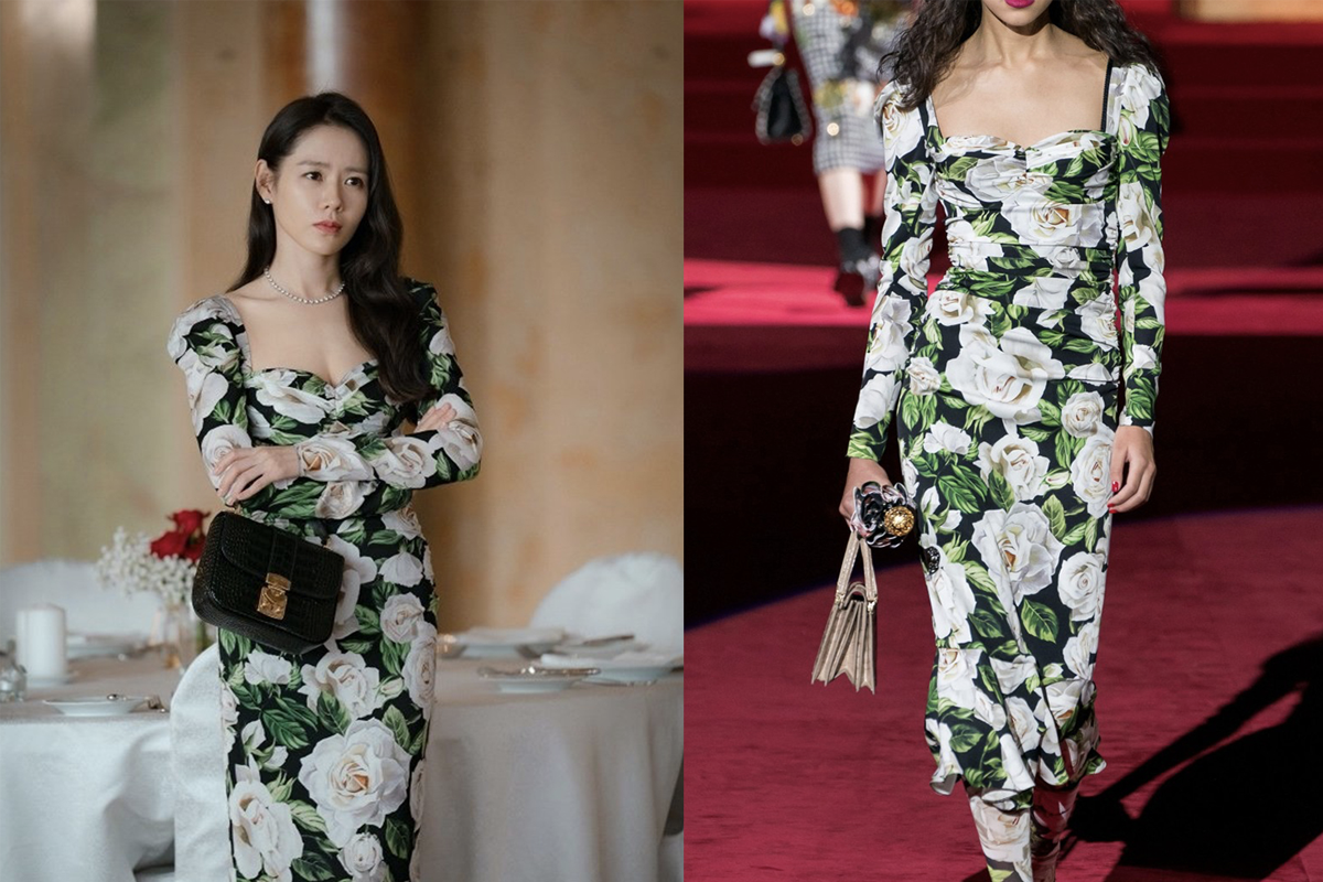 韓星孫藝珍與模特兒同款Dolce&Gabbana印花連身裙比較，孫藝珍穿著綠底白花的開襟設計，展現優雅氣質，而模特兒則以完整套裝的方式展現時尚感。