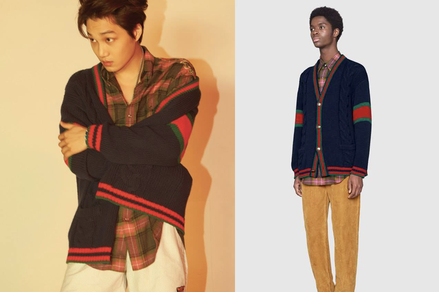 韓國人氣男團成員穿著GUCCI的粉色格子襯衫和藍色冷衫，展現舒適又高級的感覺。而模特穿著同款，呈現出端莊又休閒的魅力。
