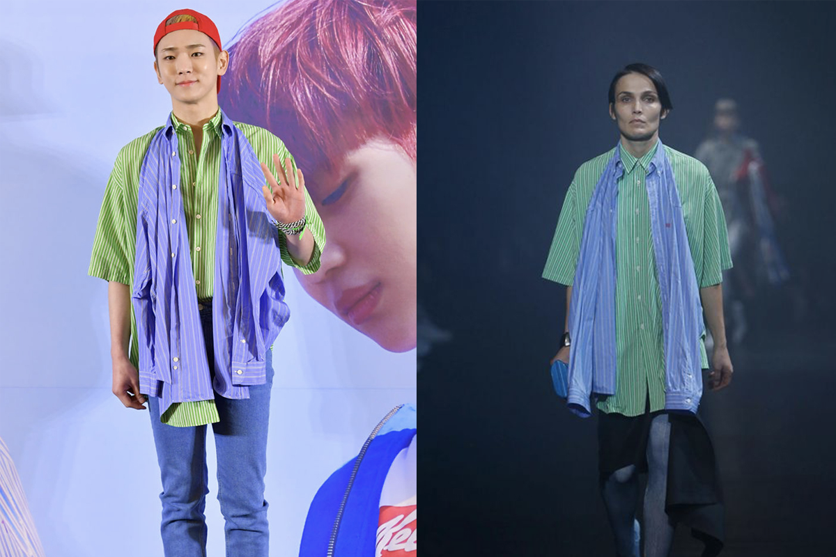 韓星Key與模特兒同款Balenciaga襯衫比較，Key以撞色長袖襯衫搭配短袖，展現獨特風格，模特兒則以完整的Balenciaga設計展現高級感。