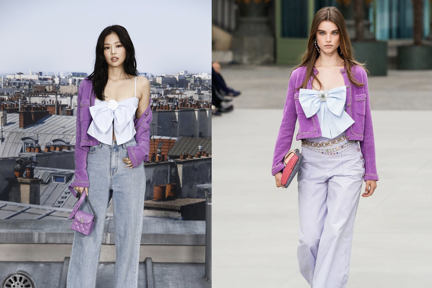 韓國人氣女歌手身穿CHANEL的紫色小外套和天藍色蝴蝶結上衣，搭配淺藍色牛仔褲，展現青春活力。旁邊模特展示同款衣服，加入胸針和華麗皮帶，充分展現個性風格。