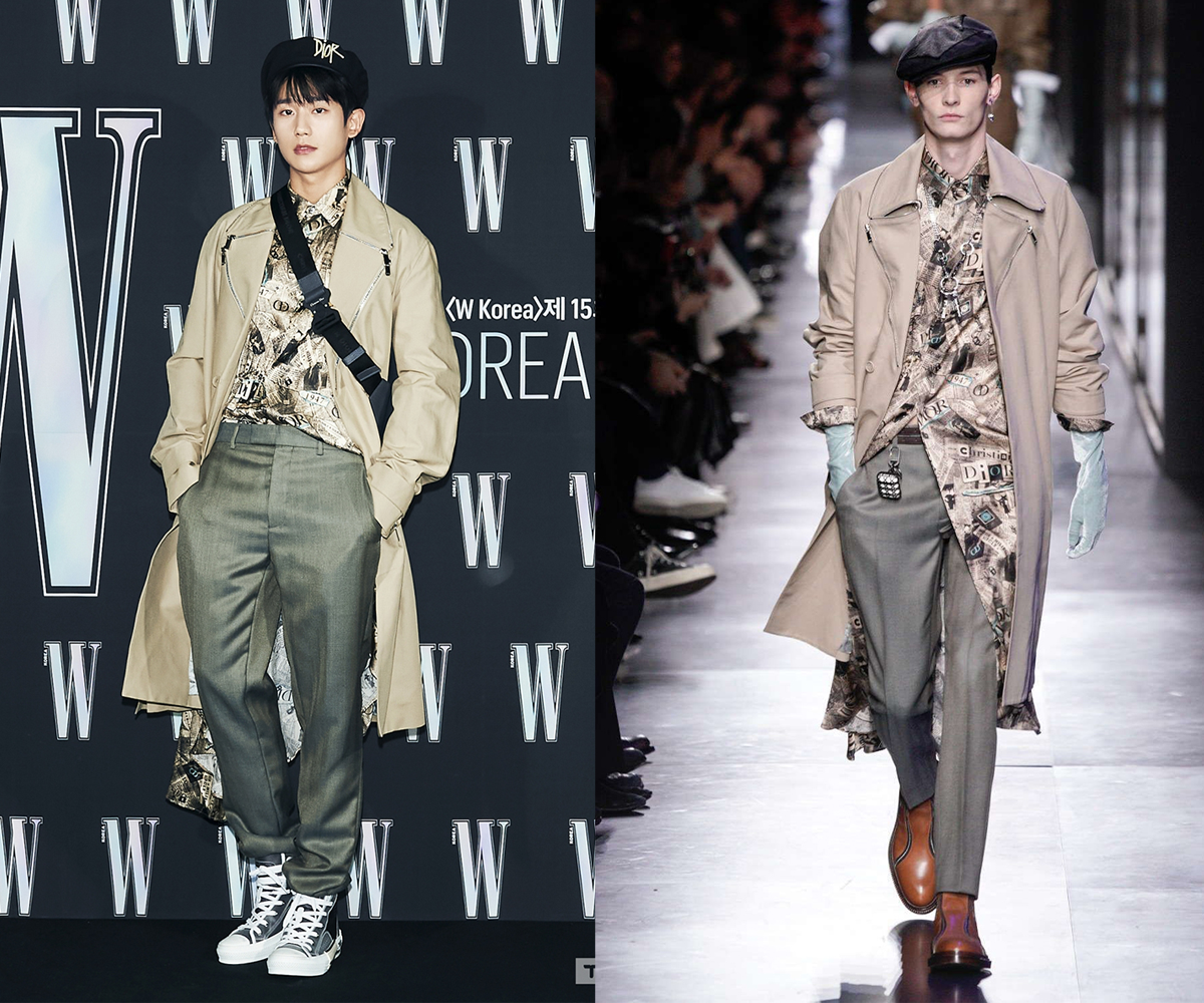 韓星丁海寅與模特兒同款Dior套裝比較，丁海寅穿著Dior印花長襯衫和風衣，搭配休閒高筒鞋與腰包，而模特兒則以正裝鞋和天鵝絨手套呈現展現時尚感。