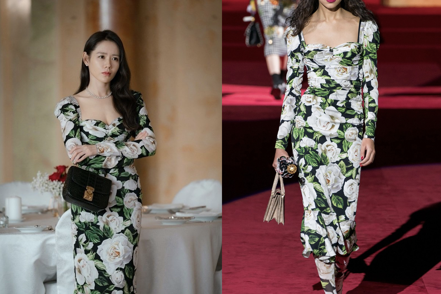 韓國著名女演員穿著DOLCE&GABBANA玫瑰印花連身裙，搭配大領口，展現優雅感覺。模特展示同款裙子，呈現高級的奢華感。