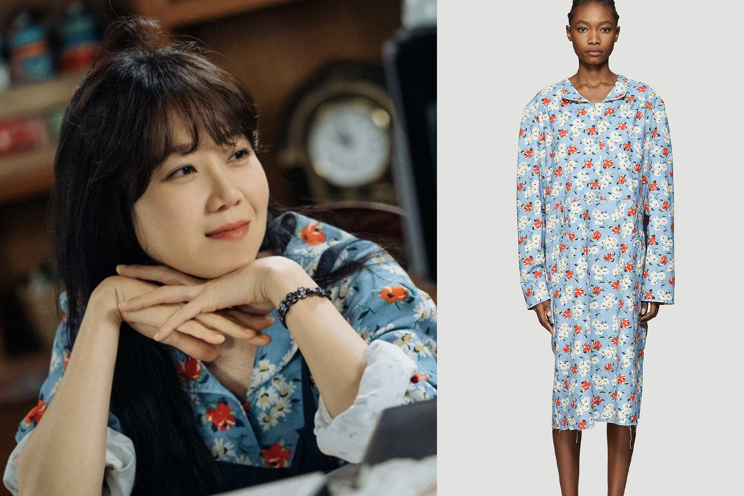 韓國女演員穿著Vetements印花連身裙，搭配出色彩鮮豔，展現個人魅力。模特同款搭配襯衫，展現多樣精彩的時尚風格。