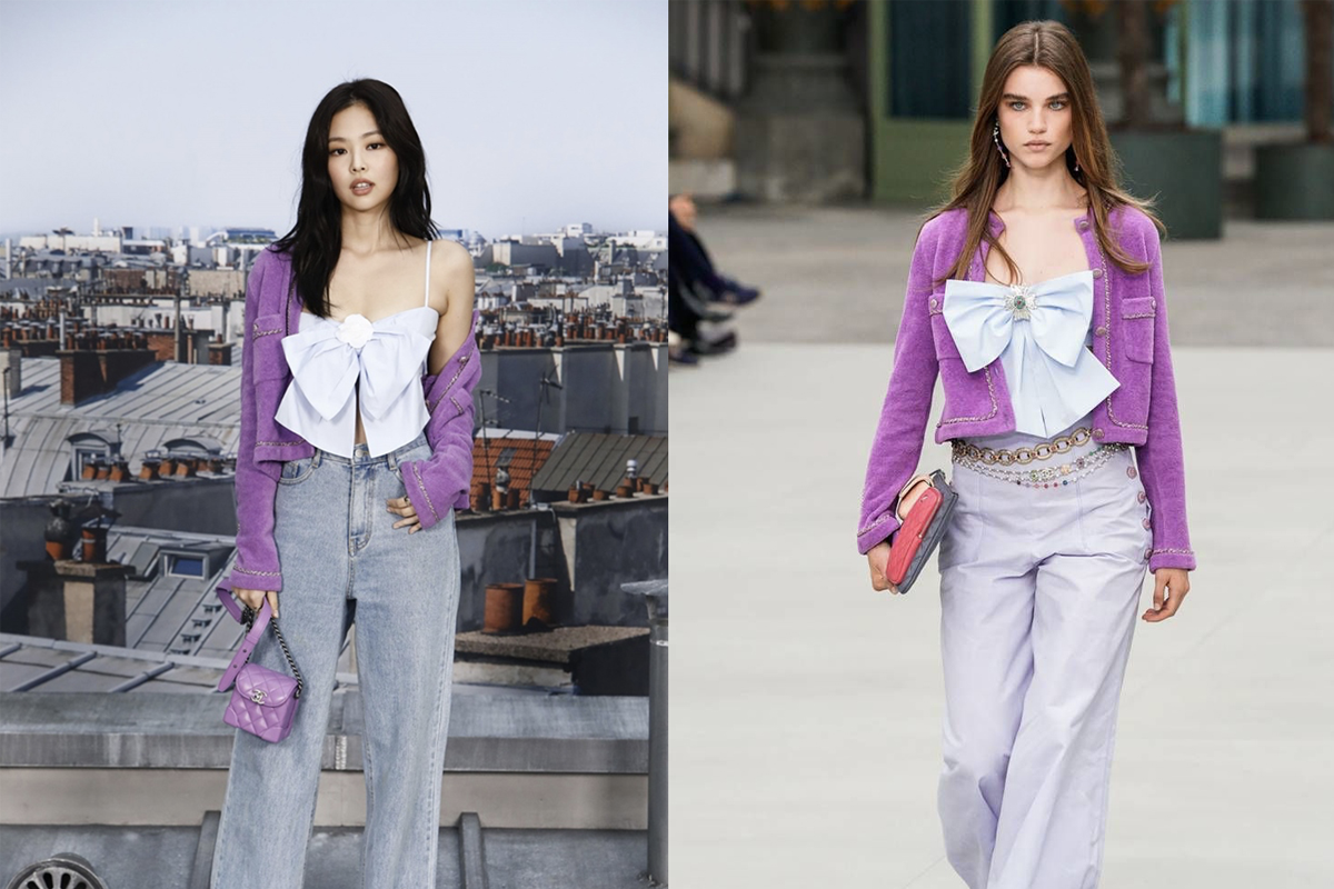 韓星Jennie與模特兒同款Chanel套裝比較，Jennie以牛仔褲搭配紫色短版上衣和大蝴蝶結，而模特兒穿著類似材質的套裝，營造出不同時尚感。