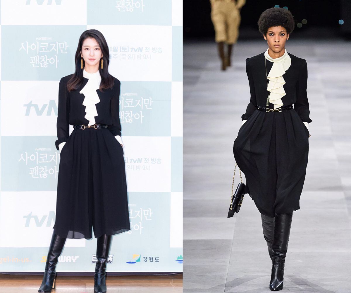 韓星徐睿知與模特兒同款Celine黑白連體褲比較，徐睿知穿著未將下擺收進靴子裡的設計，展現更偏秀氣的風格，而模特兒則以完整套裝呈現時尚感。