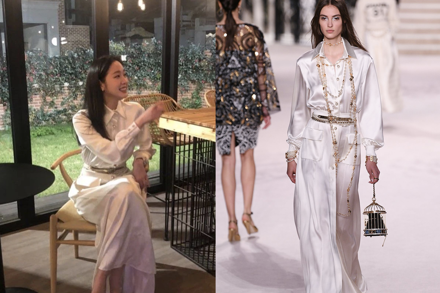 韓國人氣女演員穿著CHANEL的奶油色連身裙，搭配金色腰帶展現清純又迷人的魅力。模特展示同款搭配長珍珠頸鏈和珠寶，增添華麗感。