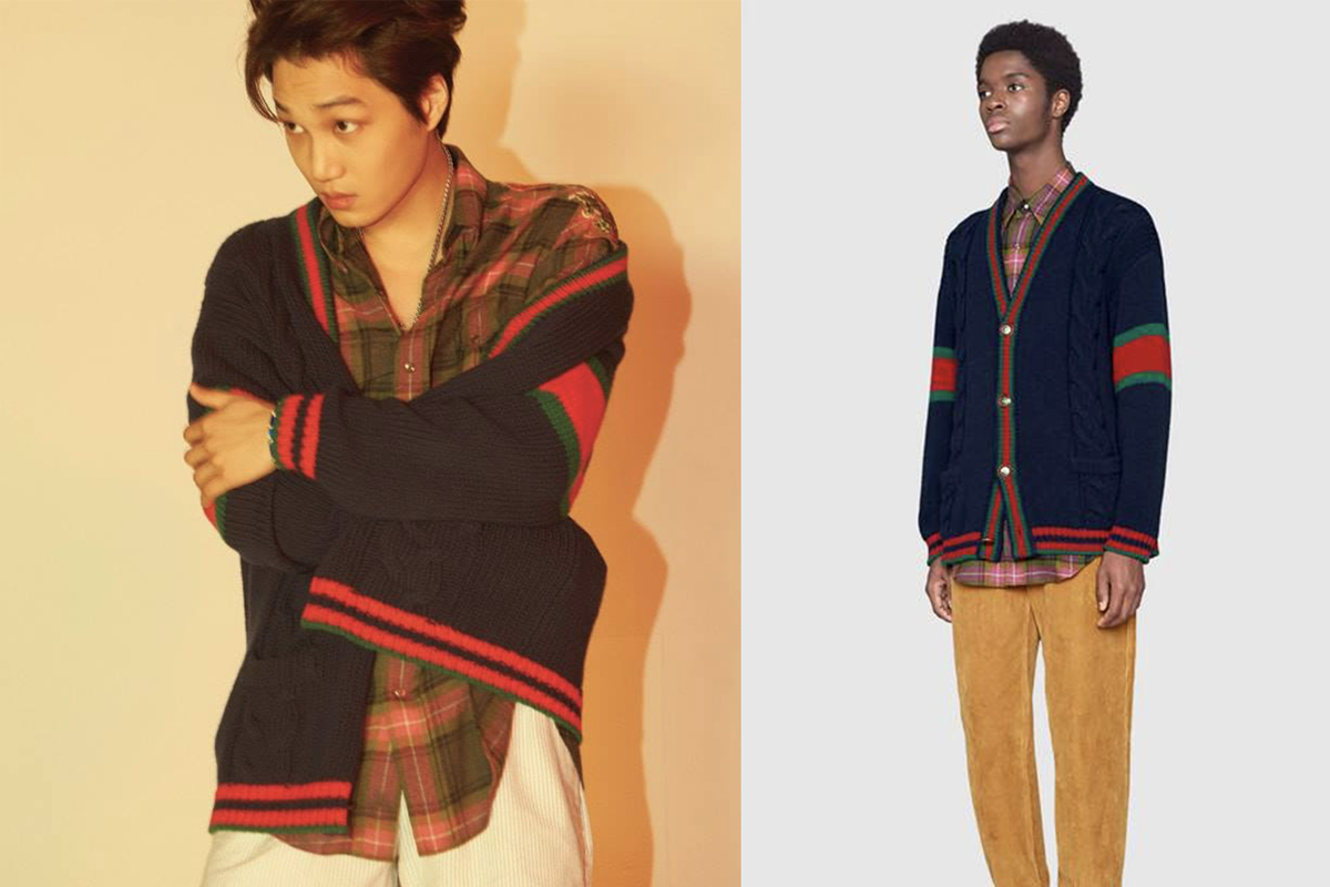 韓星Kai與模特兒同款Gucci服飾比較，Kai穿著綠粉色格子襯衫搭配暗藍色罩衫，呈現休閒而高級的風格，而模特兒穿著整體套裝展現正裝魅力。