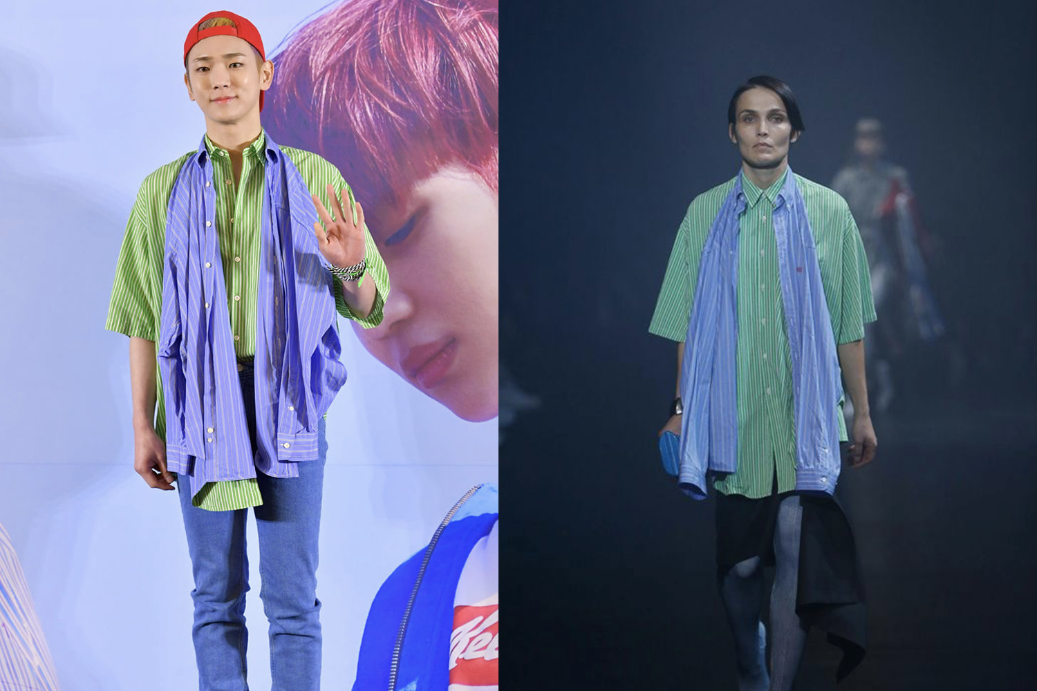 韓國SHINee成員穿著BALENCIAGA的獨特襯衫，搭配掛頸長袖設計，展示出個人風格。旁邊模特示範同款衣服，搭配迷你禮服，展現復古的魅力。