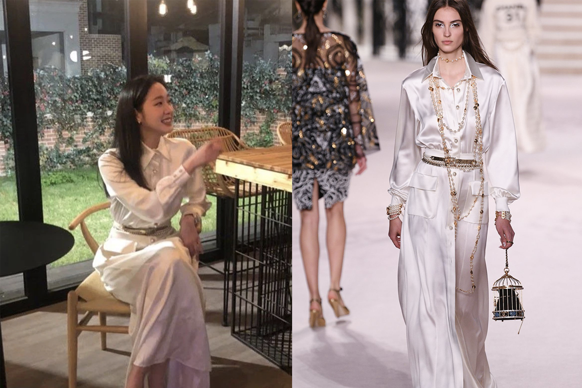 韓星金高銀與模特兒同款Chanel白禮服比較，金高銀穿著整體更顯簡約的白色禮服，而模特兒則以領口敞開搭配珠寶飾品，展現華麗風格。