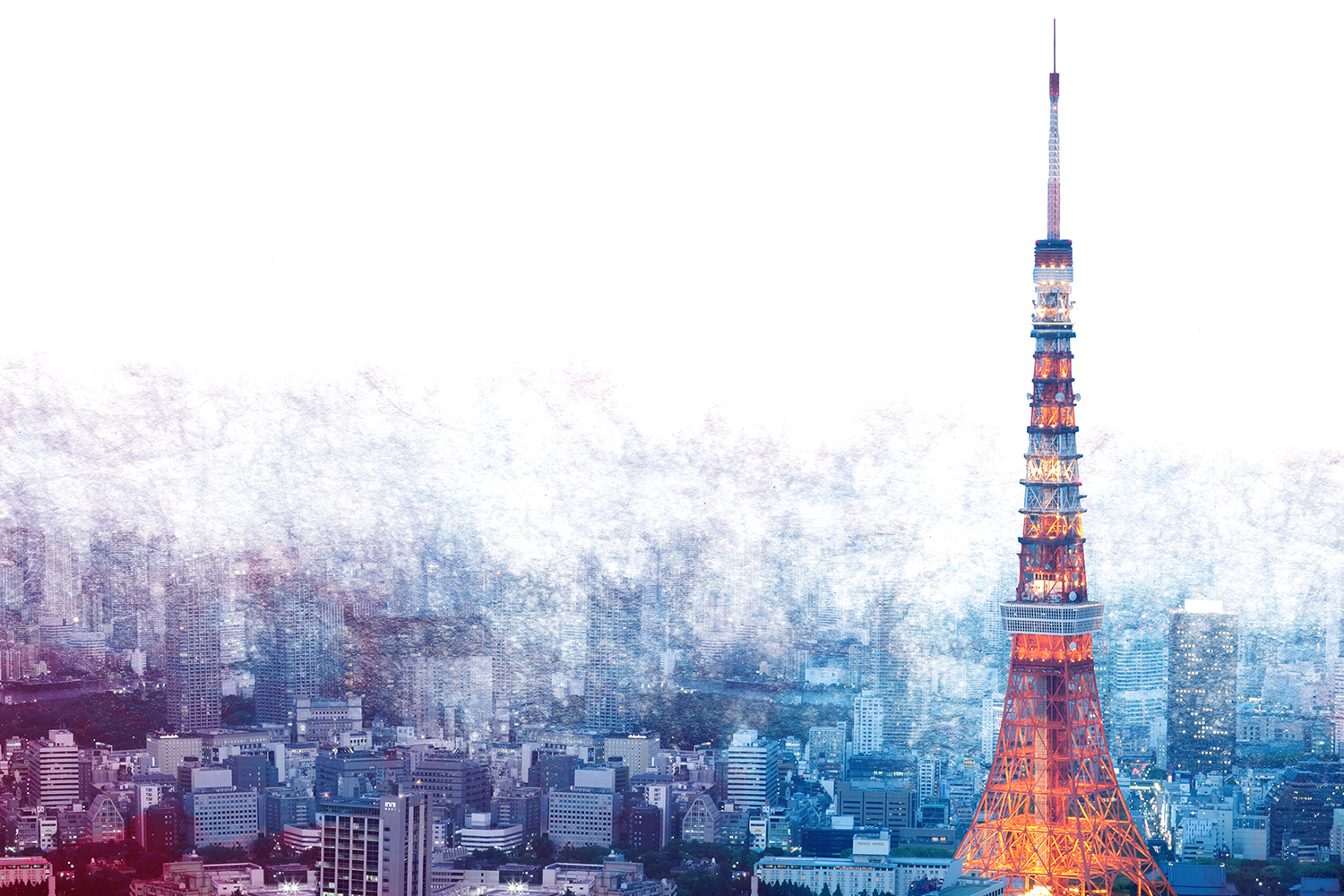 東京鐵塔於空中直立，城市背景被霧化，象徵著韓國旅客的文化體驗和米其林餐廳之旅首選地點。