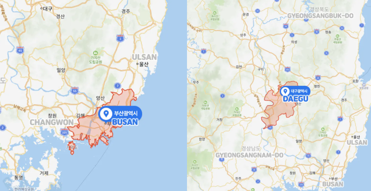 map of korea with major cities of gyeongsangdo highlighted (Busan and Daegu)