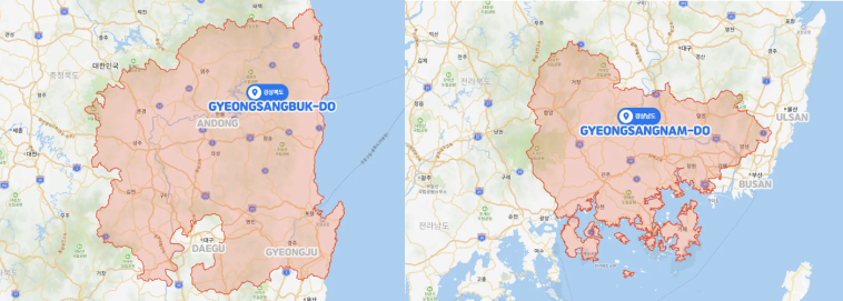 bản thiết bị chống phía bắc (Gyeongbuk/경북) và chống phía nam giới (Gyeongnam/경남).