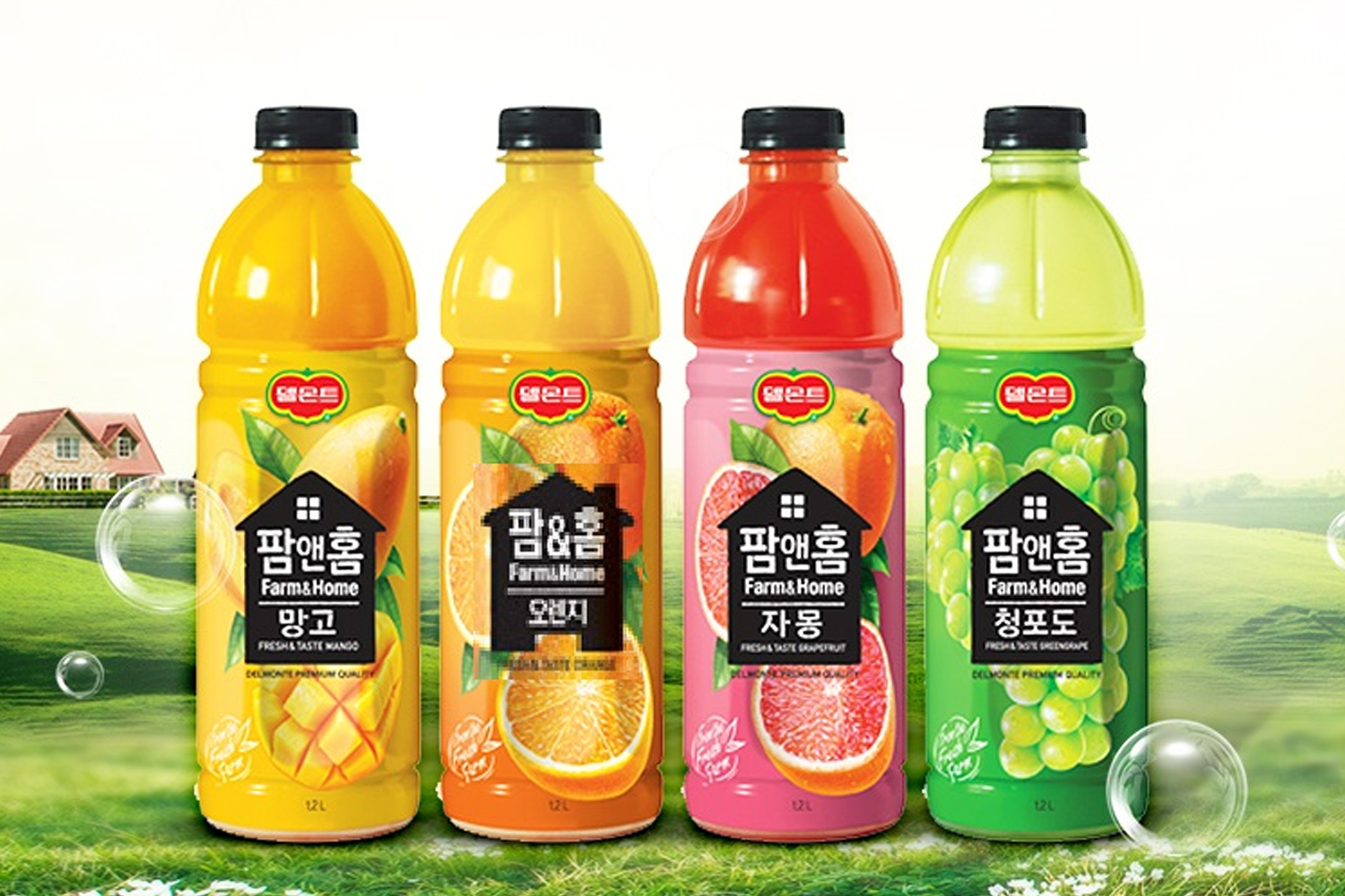 帆與家水果飲料展示，4款水果口味的瓶裝飲料。