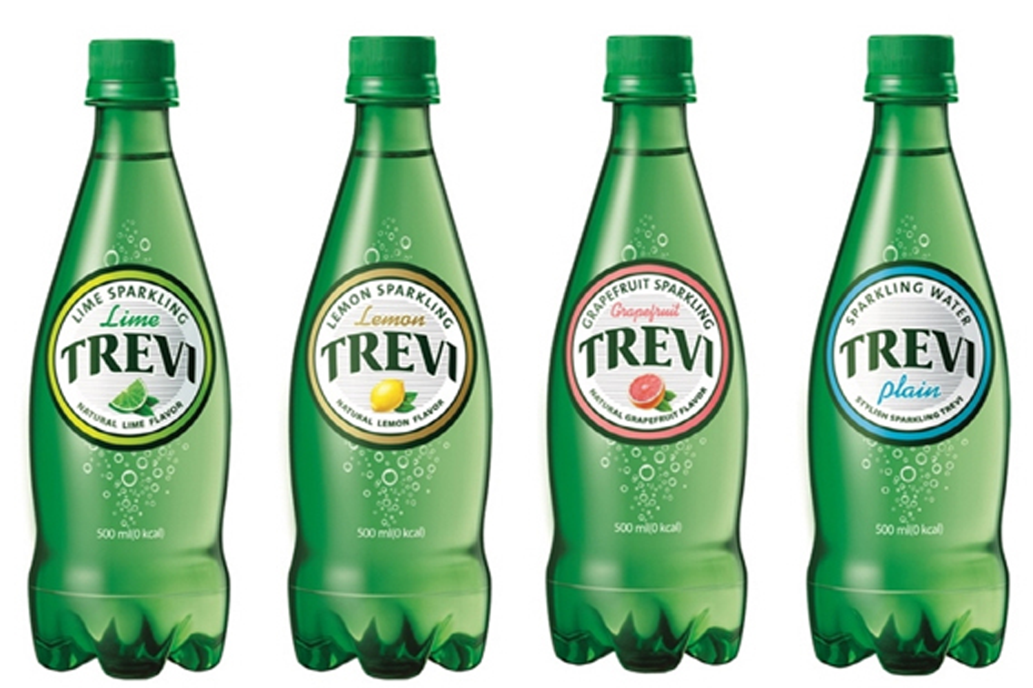 Trevi蘇打水瓶裝圖片，展示多種口味的綠色瓶裝飲料。