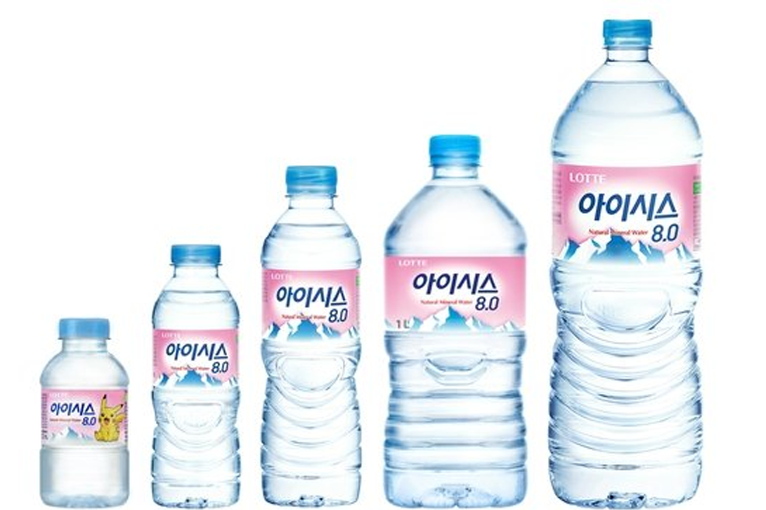 阿西西斯8.0瓶裝水展示，各種容量的瓶裝水排成一排。