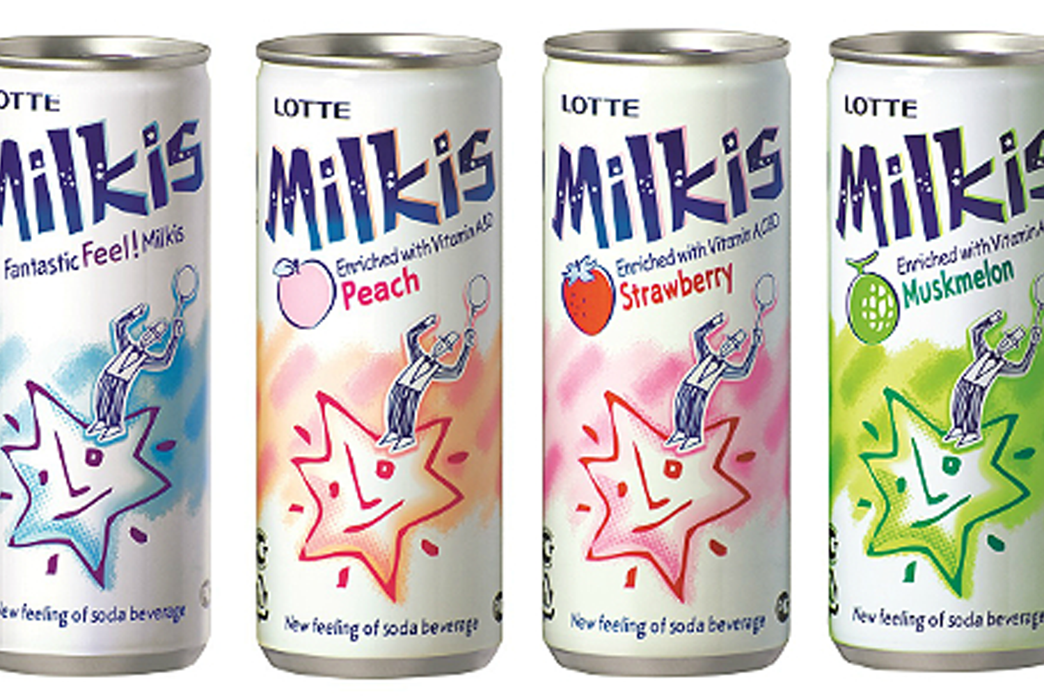 Milkis飲料展示，四種口味包裝圖，包含原味、桃子、草莓、香瓜。