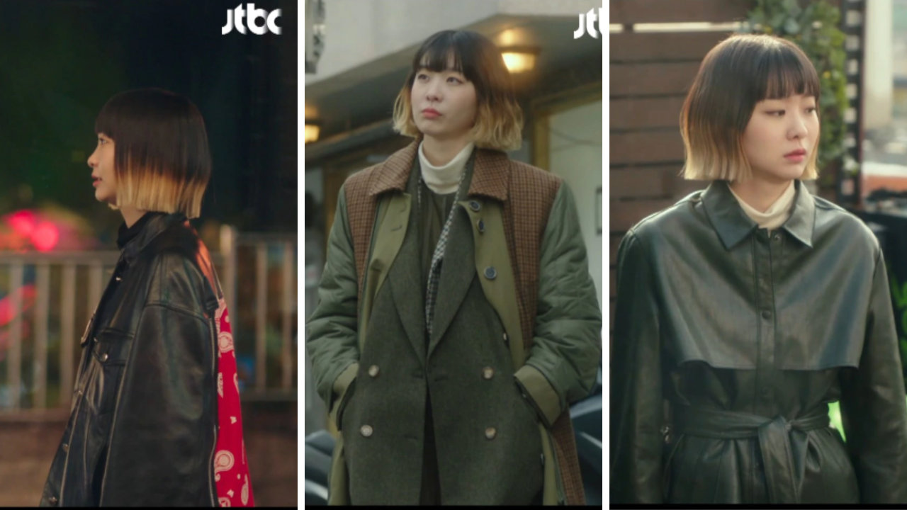 Screenshots of itaewon class female lead Jo Yi-Seo played by kim dal-mi, Kim Da-Mi or Jo Yi-Seo wearing unique outfits like a bandana patterned leather jacket, olive and brown check color block wool puff jacket, leather trench coat