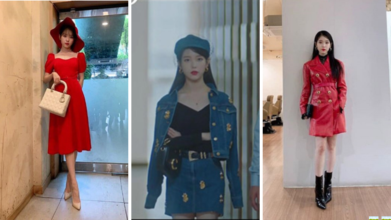IU or Jang Man-Wol outfits she wore in the korean drama hotel del luna, IU in a vintage style red dress with nude pumps, IU wearing a two piece denim set with gold detailings and a black beret, IU wearing a red leather jacket dress with vinyl black short boots
