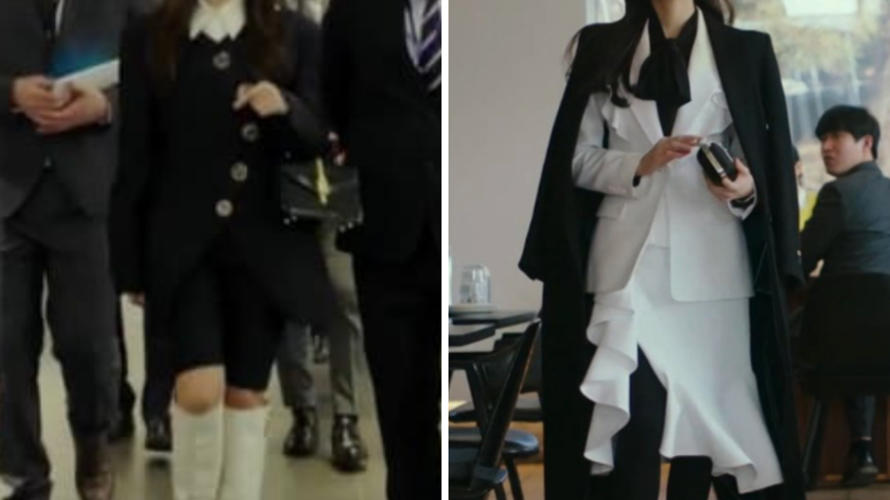 Crash Landing On You fashion and outfits worn in the drama, Seo Dan and Se-Ri wearing white and black business ensembles
