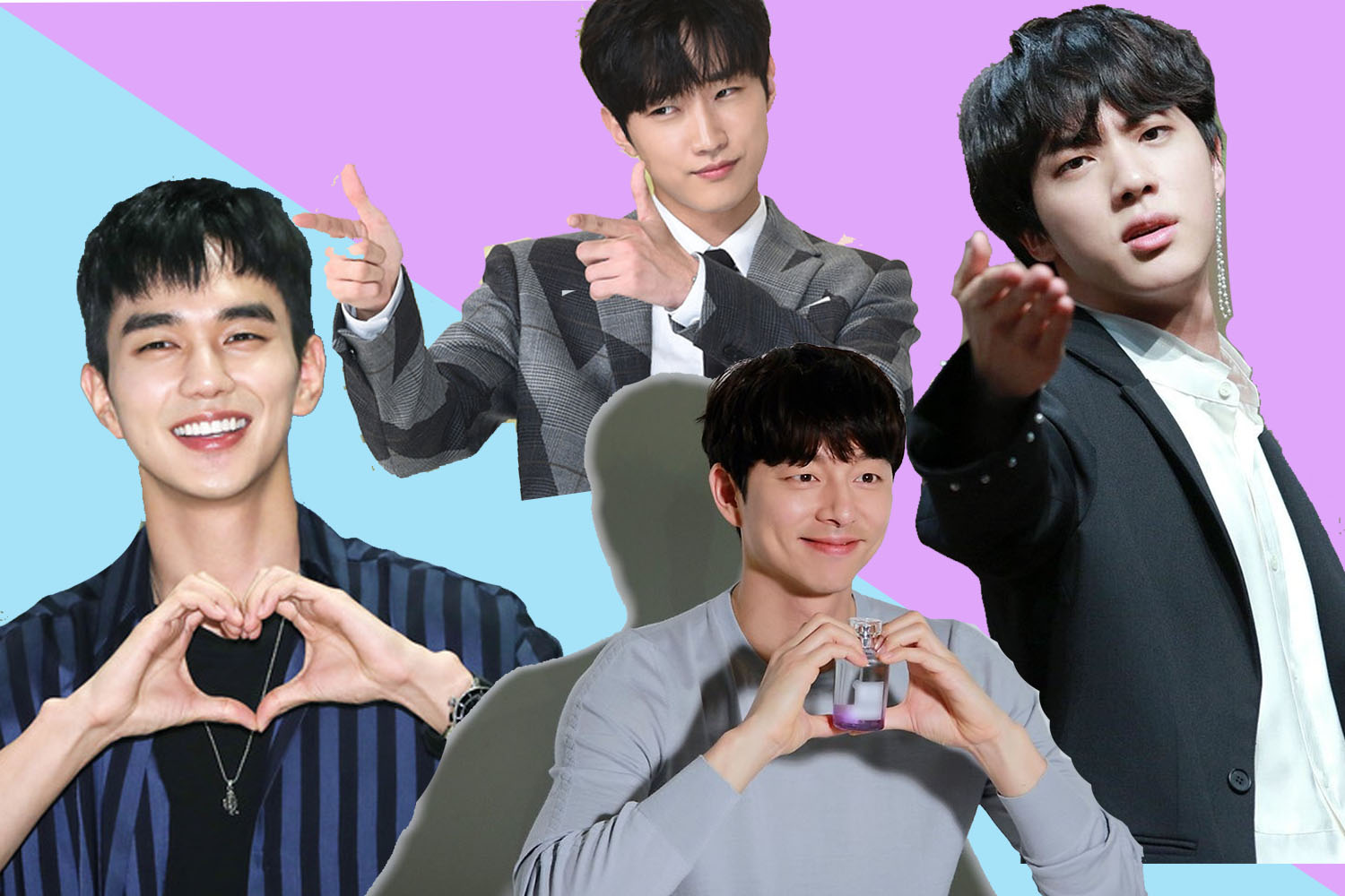 โปสเตอร์โปรโมทการแสดงของไอดอลชายที่แสดงเกสเจอร์มือในรูปแบบต่างๆ บนพื้นหลังที่มีสีสันสว่าง