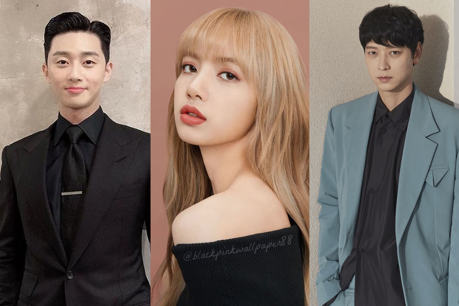 ภาพคนดังเกาหลีสามคนสวมใส่ชุดแฟชั่น รูปถ่ายแบ่งออกเป็นสามส่วนที่แสดงให้เห็นสไตล์ของพวกเขา