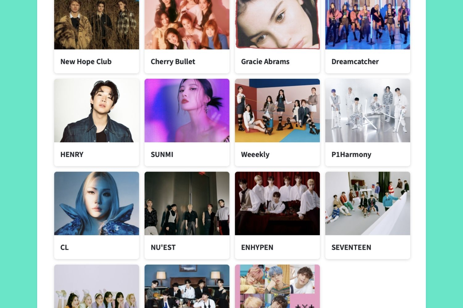 Weverse應用程式界面，展示了多個韓流藝人的照片和名稱。