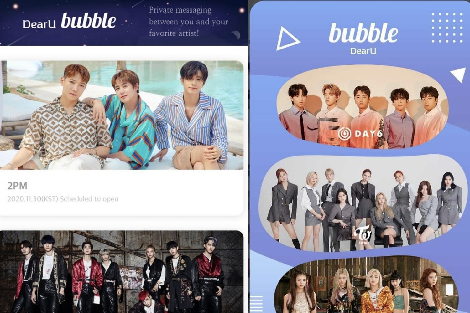 Bubble應用程式界面，展示了韓流偶像與粉絲互動的多樣化方式。