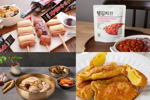A compilation of Korean instant foods including rice cake, rice meal, bungeobbang