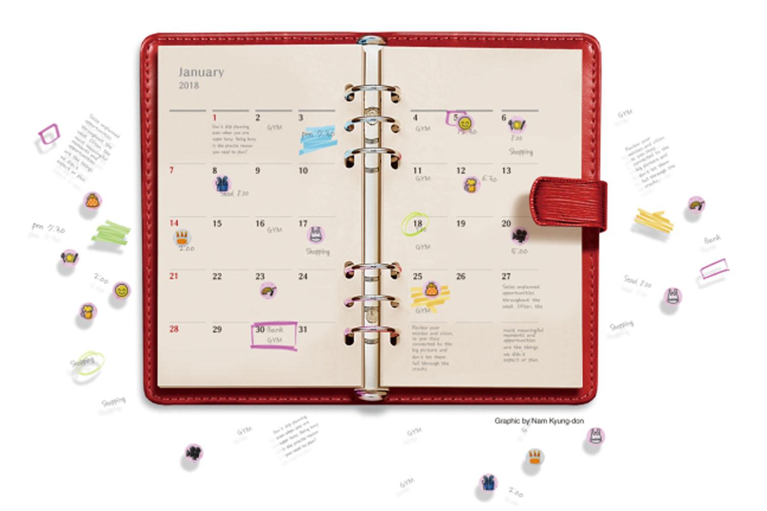 ภาพของสมุดบันทึกที่เปิดอยู่แสดงให้เห็นเดือนมกราคม หน้าสมุดมีตราสัญลักษณ์และเขียนจดหมายด้วยลายเส้นสีหลายสี แสดงถึงกิจกรรมต่างๆในแต่ละวัน ของเกาหลี ที่เป็นวันที่ 14 มกราคมหรือวันไดอารี่เดย์