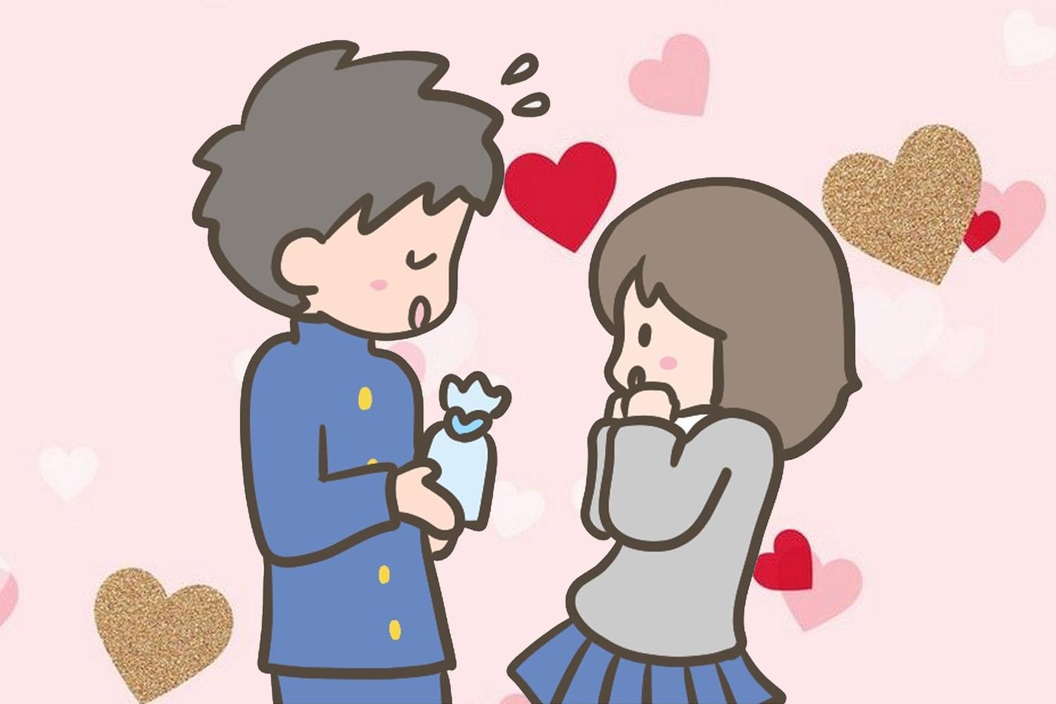 ภาพการ์ตูนที่แสดงคนหนุ่มสาวสองคนกำลังแลกของขวัญระหว่างกัน มีพื้นหลังเป็นลายหัวใจสื่อถึงวันไวท์เดย์ของเกาหลี