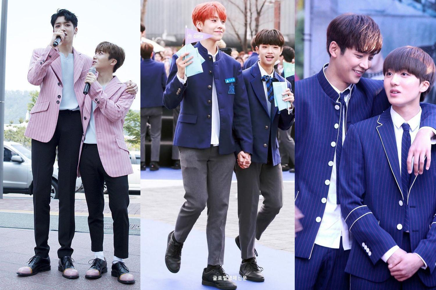 韓國明星及高中生穿著粉紅及藍色制服，展示韓國年輕男性的身高及身材比例差異。