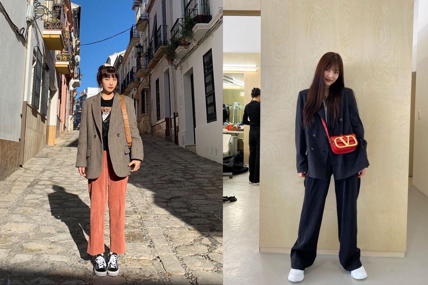 กางเกงขากว้างเอวสูง + เสื้อสูทแฟชั่น