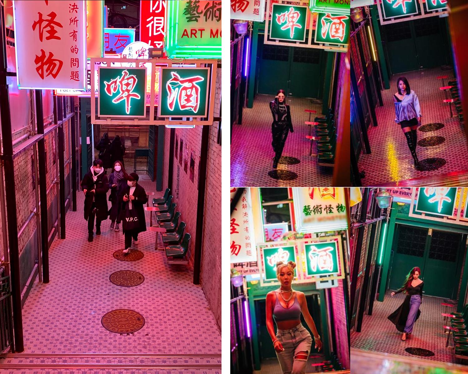 江南のArt Monster店内のネオンライトが輝く通りで、人々が歩いている様子。訪問者たちはカラフルなネオンサインの下を楽しそうに歩いています。