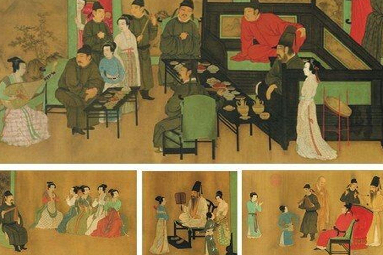 ภาพศิลปะเชิงประวัติศาสตร์ของชาวจีนสมัยโบราณที่แสดงการนั่งพื้นภายในห้องพร้อมด้วยเฟอร์นิเจอร์อื่น