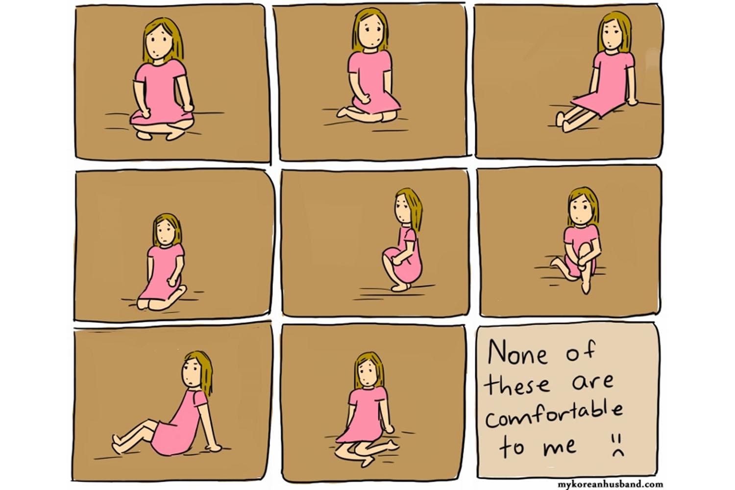 การ์ตูนเกี่ยวกับท่าทางการนั่งพื้นแบบต่าง ๆ ที่คนเกาหลีใช้ในการนั่งบนพื้น