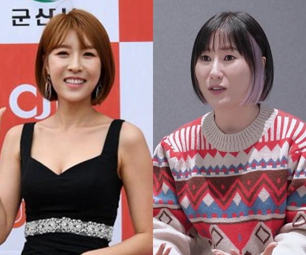 赤と白のチェックの背景に立つ黒いドレスの女性と赤いセーターを着た女性の写真。左側の女性は10asia DBのイベントで撮影されました。