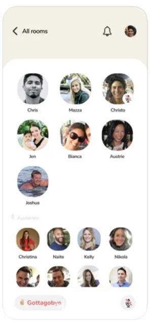 Clubhouseアプリの画面キャプチャー画像。さまざまなユーザーのプロフィールアイコンが表示され、部屋やオーディエンスのリストも見える。