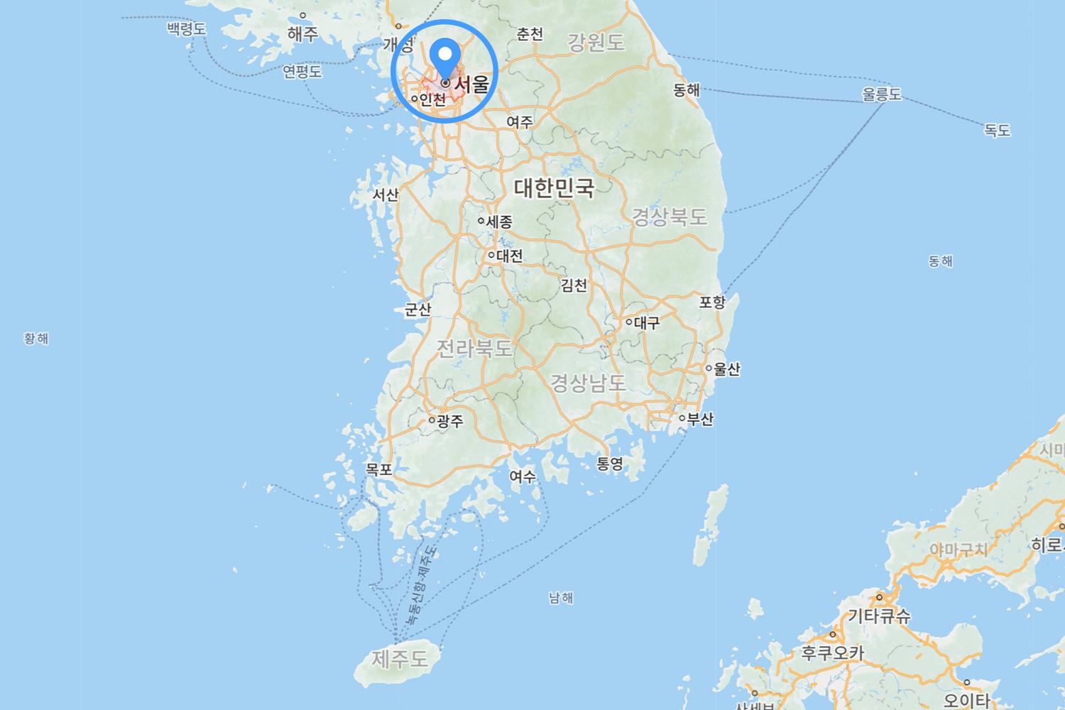 Mappa della Corea del Sud con Seoul evidenziata, situata nel nord-ovest del paese.