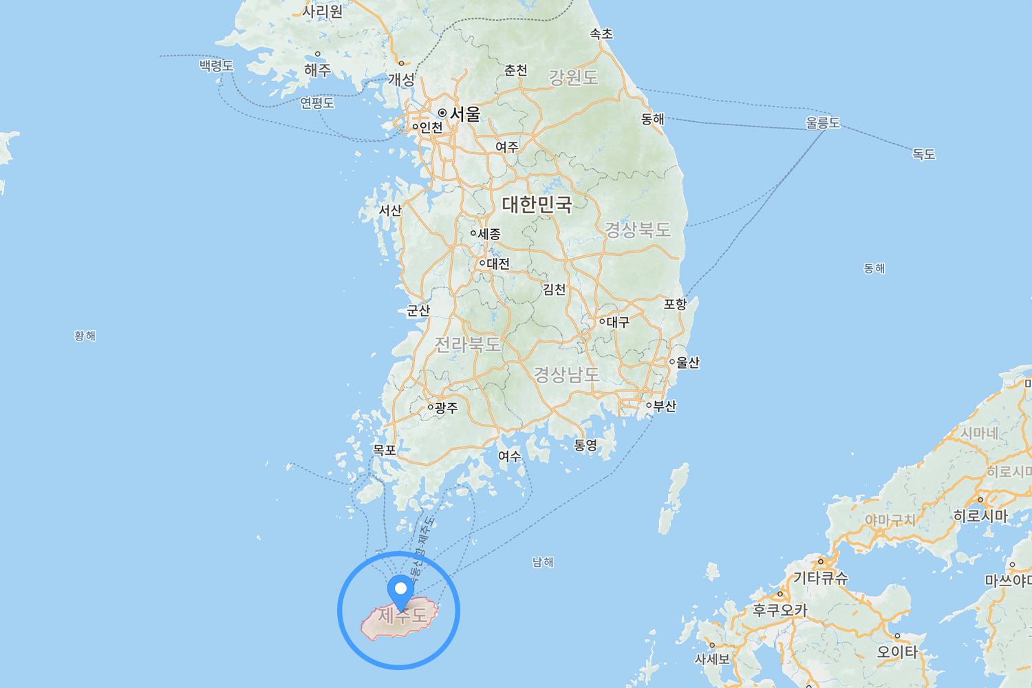 แผนที่แสดงตำแหน่งเกาะเชจูในเกาหลีใต้และเกาะใกล้เคียง
